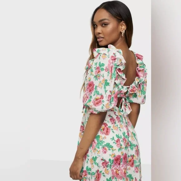 For Love & Lemons Loretta Mini Dress Floral Puff Sleeve Cutout M - Picture 7 of 10